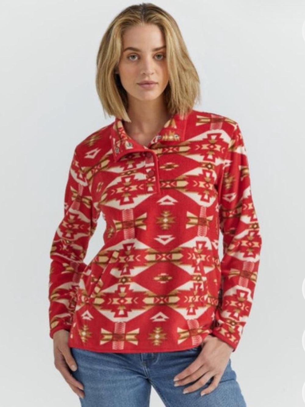 NWT Red Wrangler Women's Red Southwestern Quarter Snap Fleece Pullover Size XS